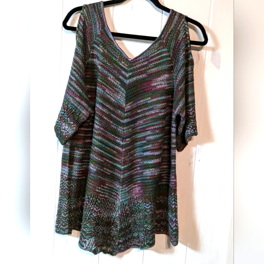 'Faded Glory' Colorful Cold Shoulder Crochet Sweater